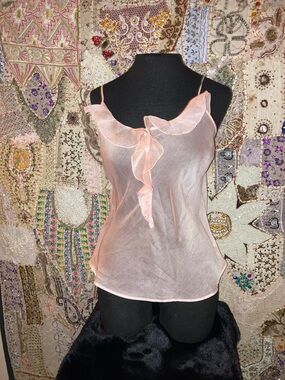 Source Unknown Sheer Pink Ruffle-Front Satin Cami